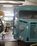Teal colour Vintage Citroen HY Van in workshop